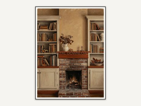 Bookshelves beside brick hearth
