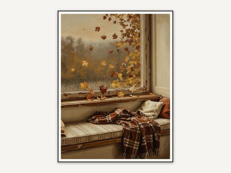 Window seat overlooking autumn leaves