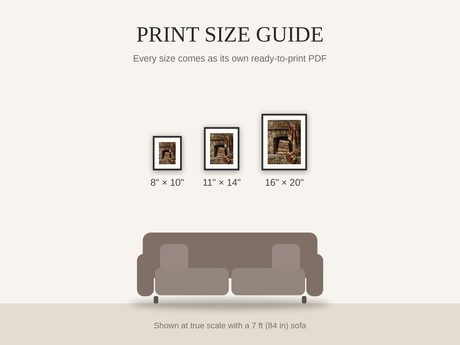 Print size guide showing 8x10, 11x14, and 16x20 framed prints at true scale beside a sofa