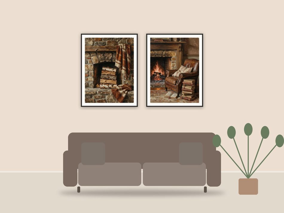 cozy vintage fall printable art framed above a sofa in a styled living room