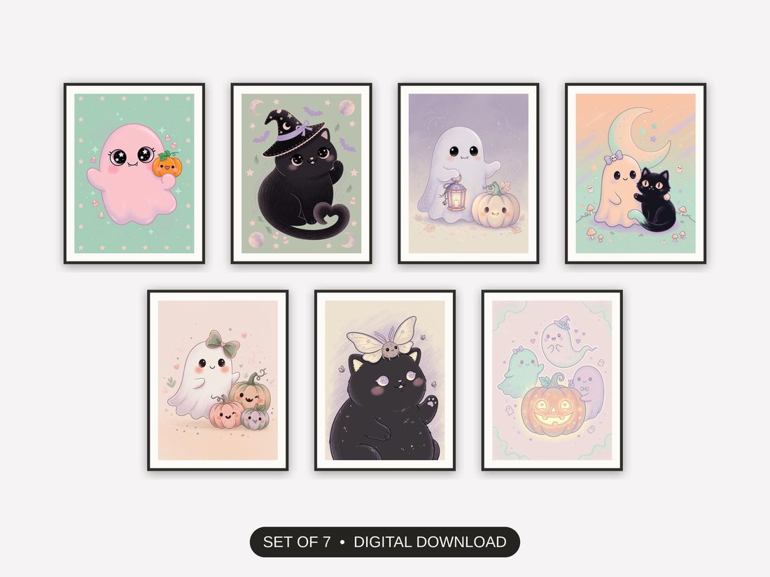 Set of 7 creepy cute wall art printable prints shown as a gallery wall