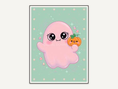 Rounded friendly ghost with tiny pumpkin in soft pastels