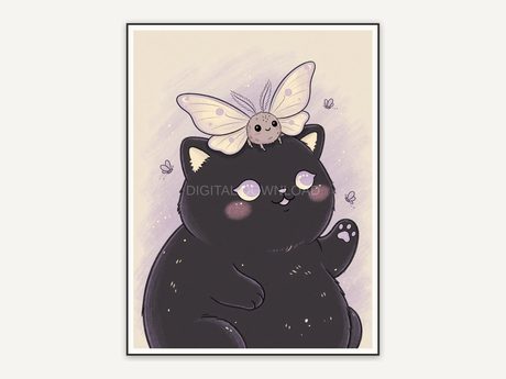 Black cat with moth on pastel background