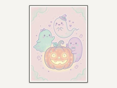 Three friendly ghosts around glowing pumpkin