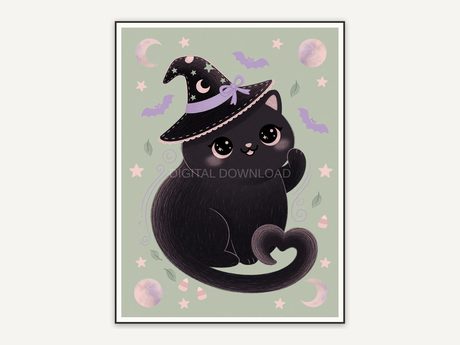 Black cat in tiny witch hat on pastel background