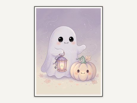 Ghost holding lantern next to small pumpkin