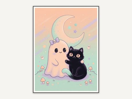 Ghost and cat under crescent moon in pastel tones