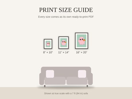 Print size guide showing 8x10, 11x14, and 16x20 framed prints at true scale beside a sofa