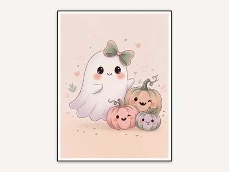 Ghost with bow beside three pumpkins