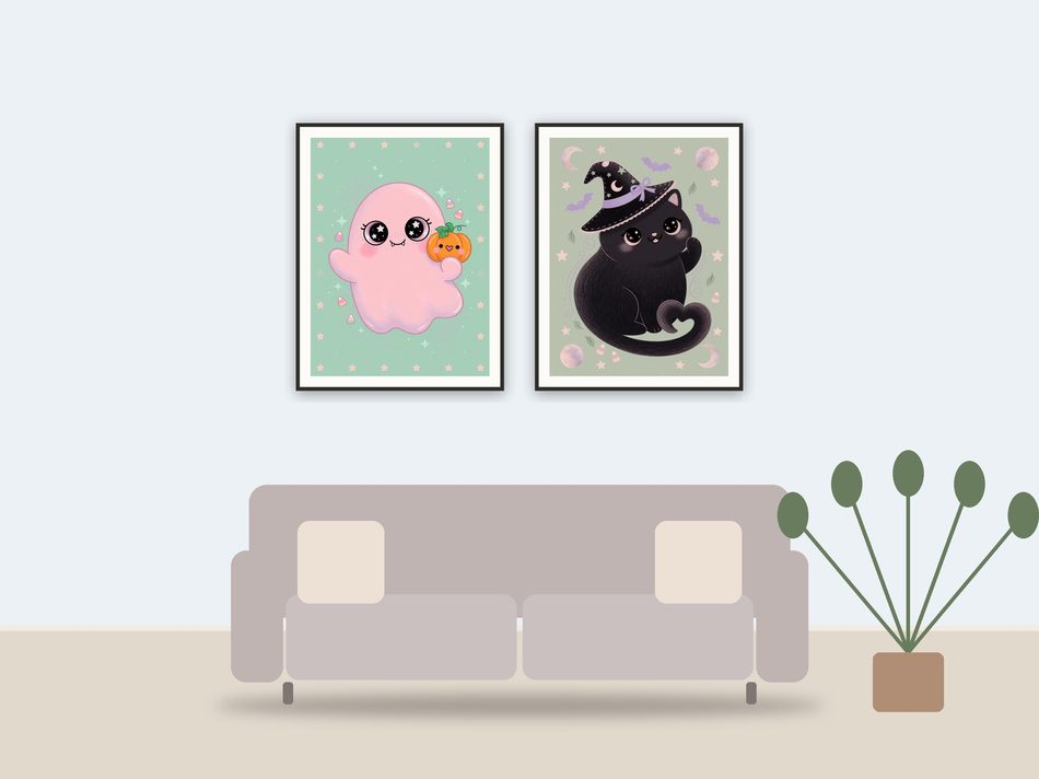 creepy cute wall art printable art framed above a sofa in a styled living room