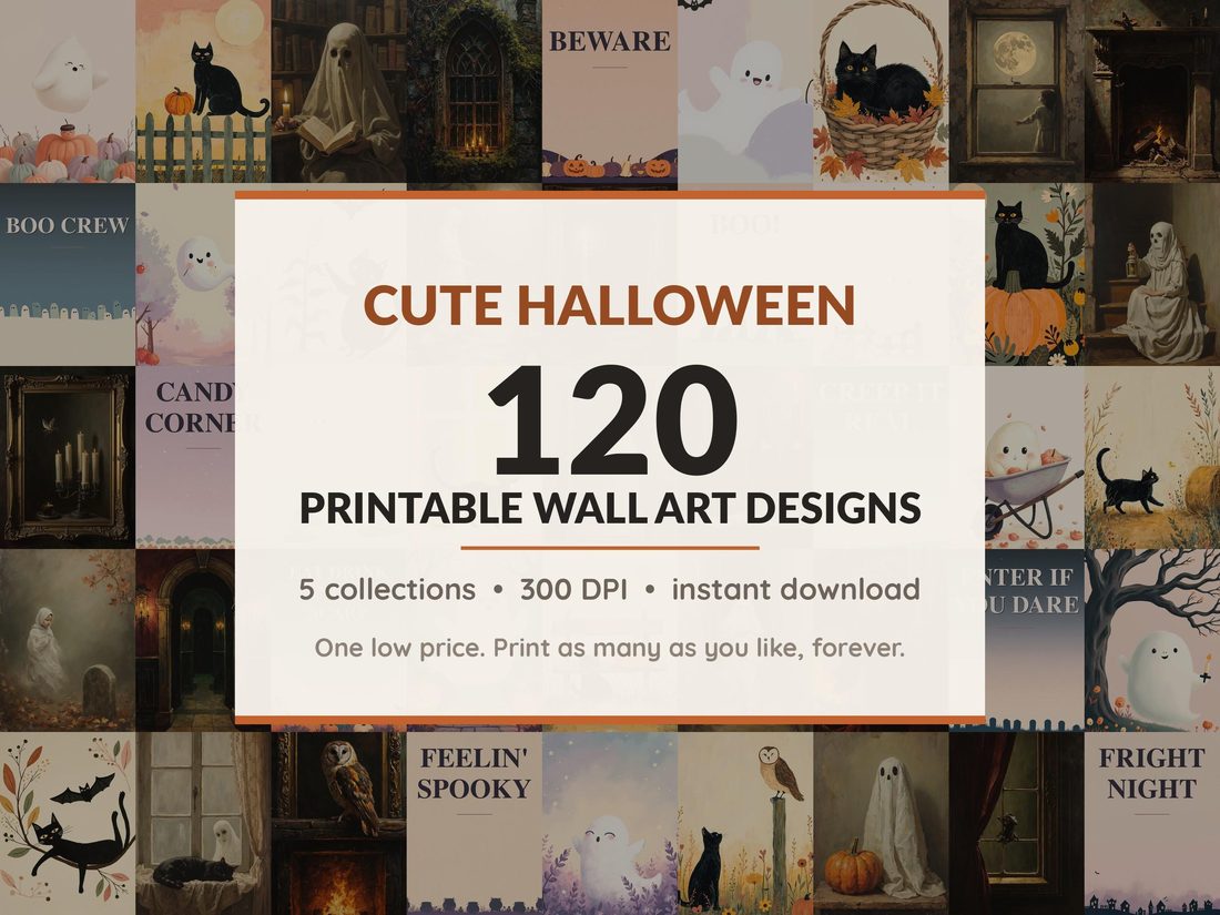 Halloween printable wall art mega bundle with 120 art prints in 5 collections: Pastel Ghost Portraits, Whimsical Feline Friends, Vintage Oil Ghost Studies, Gothic Cottage Hearth, Blush Night Posters