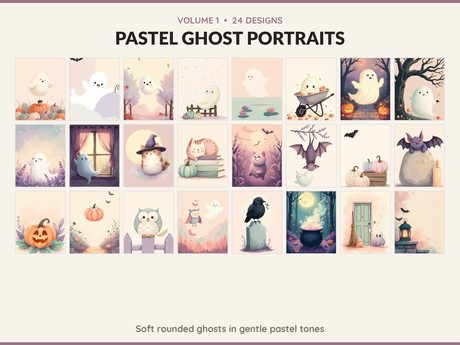 Volume 1 Pastel Ghost Portraits: 24 printable Halloween art designs, soft rounded ghosts in gentle pastel tones