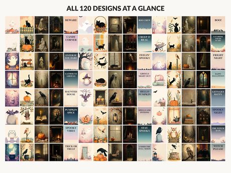 All 120 Halloween printable designs in the bundle shown together on one contact sheet