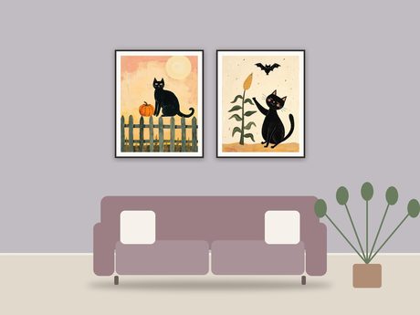 Whimsical Feline Friends printable art framed above a sofa in a styled living room