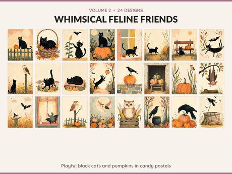 Volume 2 Whimsical Feline Friends: 24 printable Halloween art designs, playful black cats and pumpkins in candy pastels