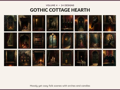 Volume 4 Gothic Cottage Hearth: 24 printable Halloween art designs, moody yet cozy folk scenes with arches and candles