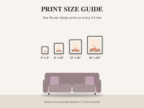 Print size guide showing 4x5, 8x10, 12x15 and 16x20 inch Halloween prints at true scale beside a sofa