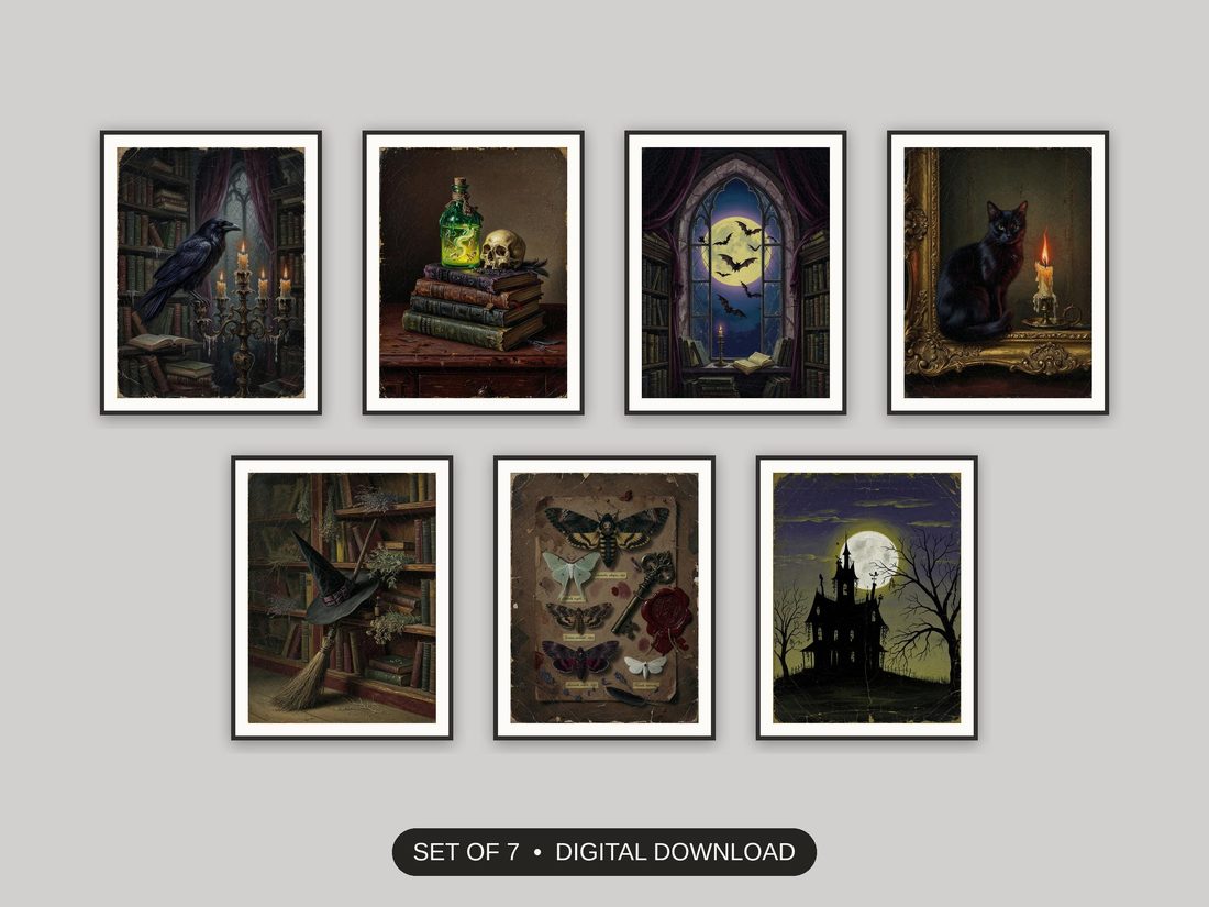 Set of 7 dark academia print printable prints shown as a gallery wall