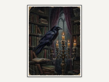 Dark library scene with raven and candelabra in vintage oil style