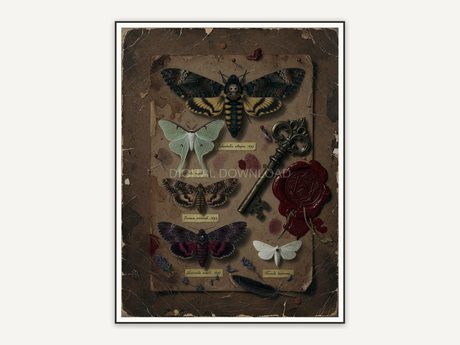 Pinned moths with key and wax seal, antique gothic artwork