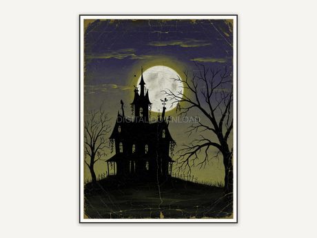 Silhouetted manor under full moon, dark academia Halloween print