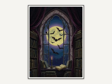 Full moon through arched window with bats, moody dark academia art