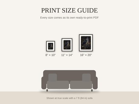 Print size guide showing 8x10, 11x14, and 16x20 framed prints at true scale beside a sofa