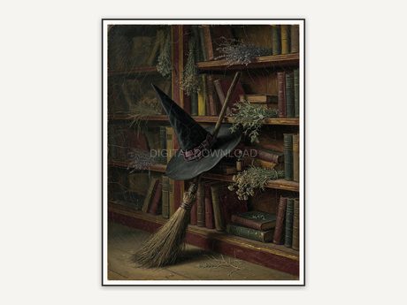 Witch hat and broom against dusty bookshelf, gothic still life