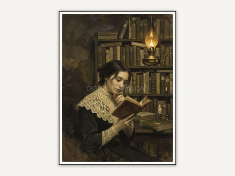 Woman reading by lamplight