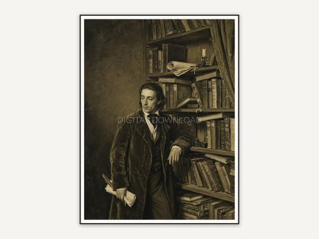 Poet beside bookshelf