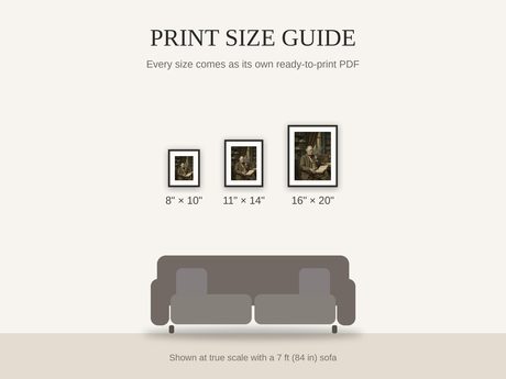 Print size guide showing 8x10, 11x14, and 16x20 framed prints at true scale beside a sofa