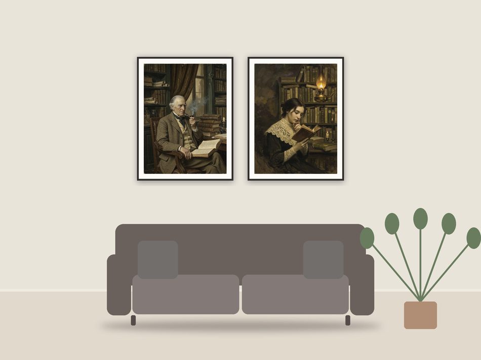 vintage portrait printable art framed above a sofa in a styled living room