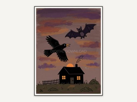 Crow and bat over farmhouse at dusk