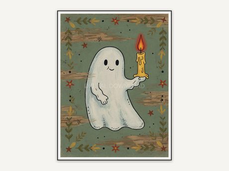 Folk ghost holding candle in sage tones