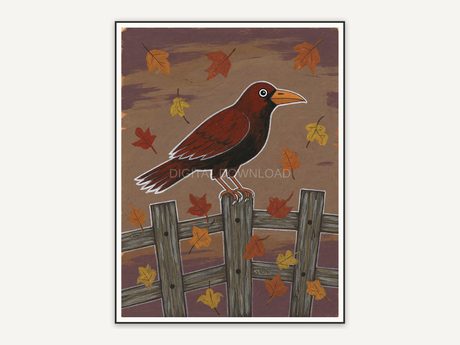 Rustic crow on fence with autumn leaves