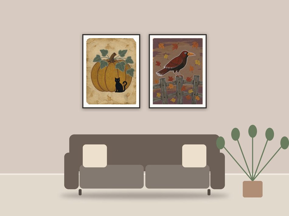 farmhouse halloween printable art framed above a sofa in a styled living room