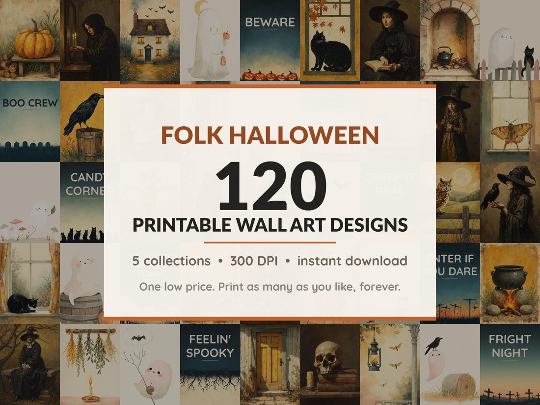 Halloween printable wall art mega bundle with 120 art prints in 5 collections: Harvest Folk Motifs, Shadowed Oil Studies, Cottage Hearth Scenes, Blush Ghost Companions, Night Field Posters