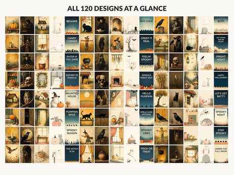 All 120 Halloween printable designs in the bundle shown together on one contact sheet