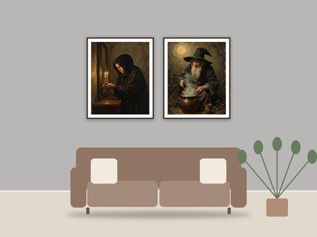 Shadowed Oil Studies printable art framed above a sofa in a styled living room