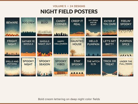 Volume 5 Night Field Posters: 24 printable Halloween art designs, bold cream lettering on deep night color fields