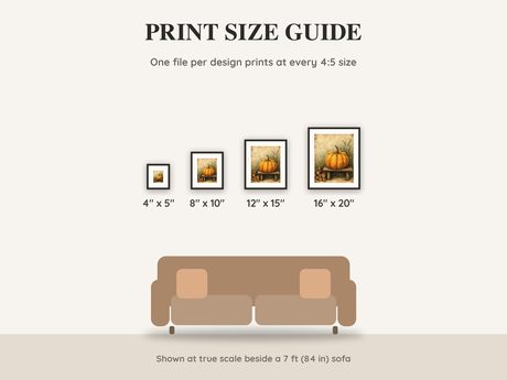 Print size guide showing 4x5, 8x10, 12x15 and 16x20 inch Halloween prints at true scale beside a sofa