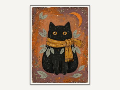 Primitive folk art black cat with mustard scarf