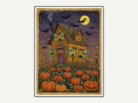 Primitive haunted cottage with pumpkin patch