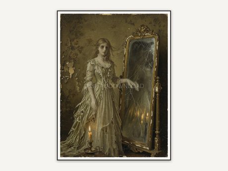Vintage oil painting of a ghost in Victorian gown beside a cracked mirror