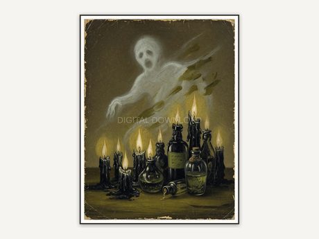 Vintage oil painting of a floating ghost above black candles and potion bottles
