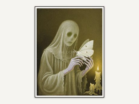 Vintage oil painting of a pale ghost holding a white moth