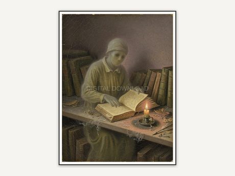 Vintage oil painting of a ghost reading by candlelight on a shelf