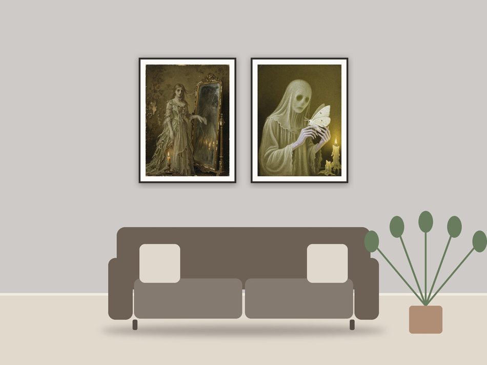 halloween decor and spooky season wall art printable art framed above a sofa in a styled living room