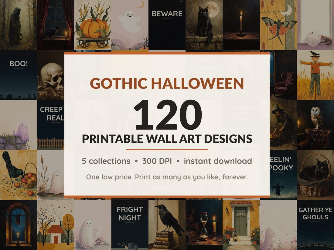 Halloween printable wall art mega bundle with 120 art prints in 5 collections: Shadowed Oil Portraits, Candlelit Manor Studies, Rustic Whimsy Folk, Soft Specter Companions, Midnight Lettering Posters