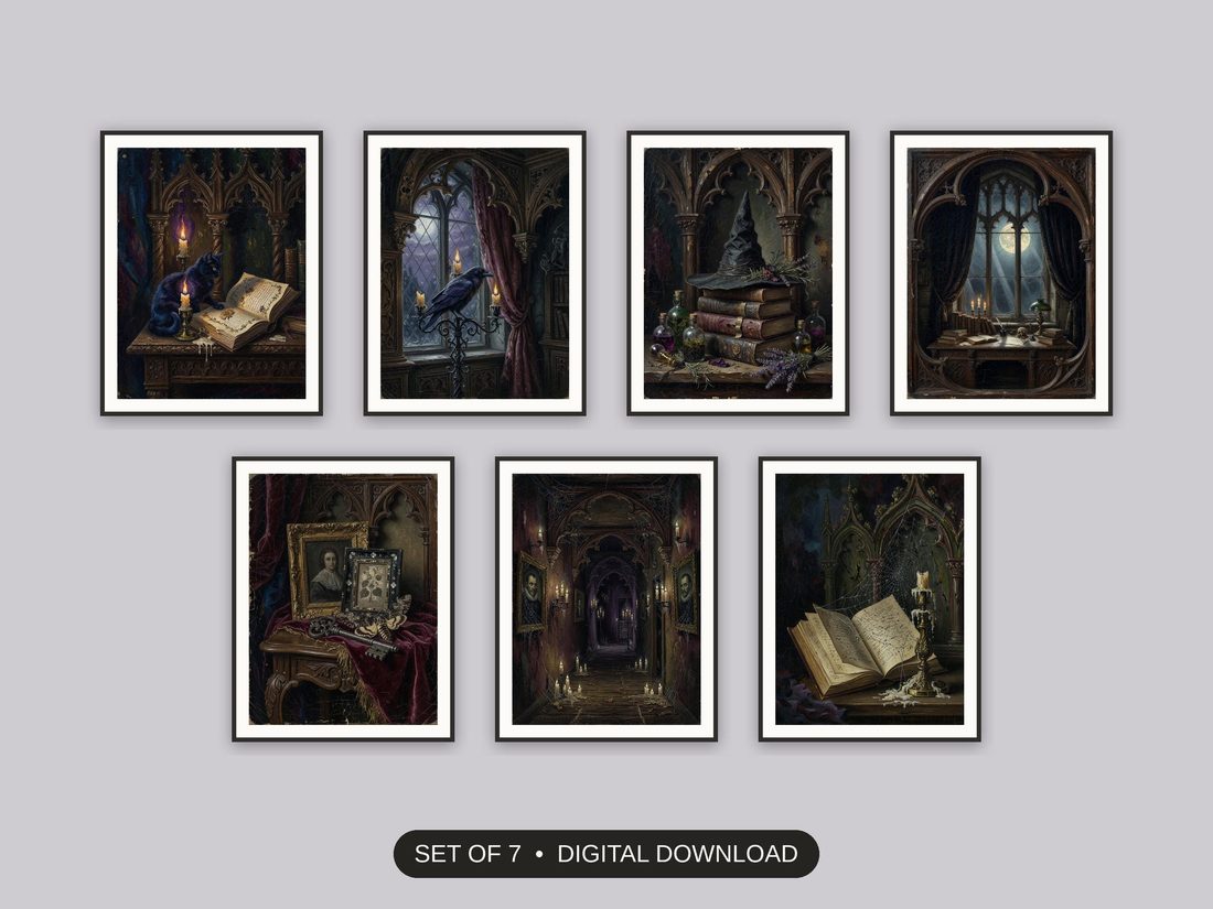 Set of 7 gothic dark academia halloween printable prints shown as a gallery wall